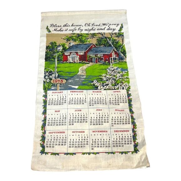 Vintage 1975 Linen Calendar Towel With Red Barn & Bless This House Print Retro - Picture 1 of 4